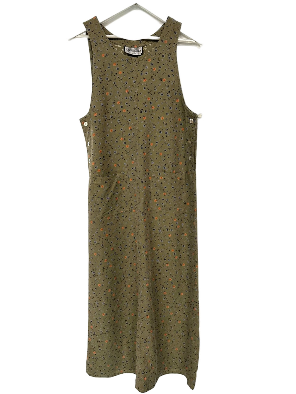 True Vintage 90s Ditsy Floral Maxi Jumper Olive Dress Pinafore Medium Prairie